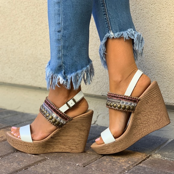 White Leather Boho Embellished Wedge Sandal - Picture 5 of 8